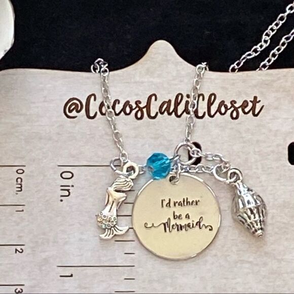 I’d Rather Be A Mermaid Shell Bead Silver Tone Charm Necklace NWT - Picture 5 of 9